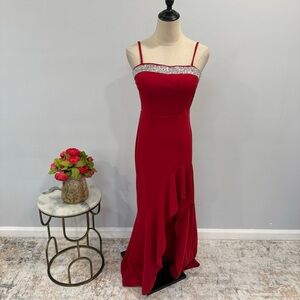 City Studio Red Embellished Neckline Cascading Ruffle Asymmetrical Maxi Dress